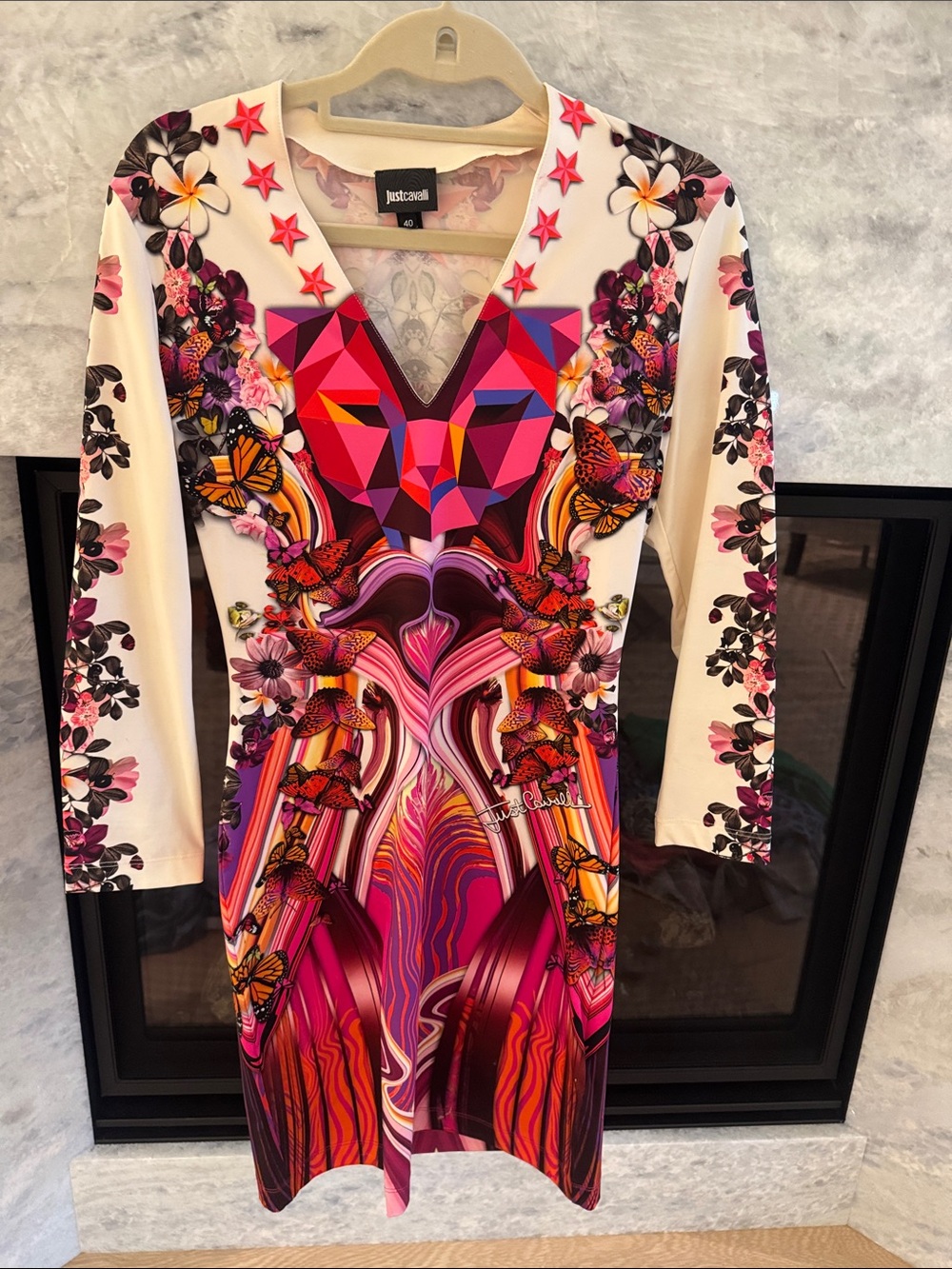 Just Cavalli Cream Long-Sleeve V-Neck Dress with Pink, Magenta & Orange Print
